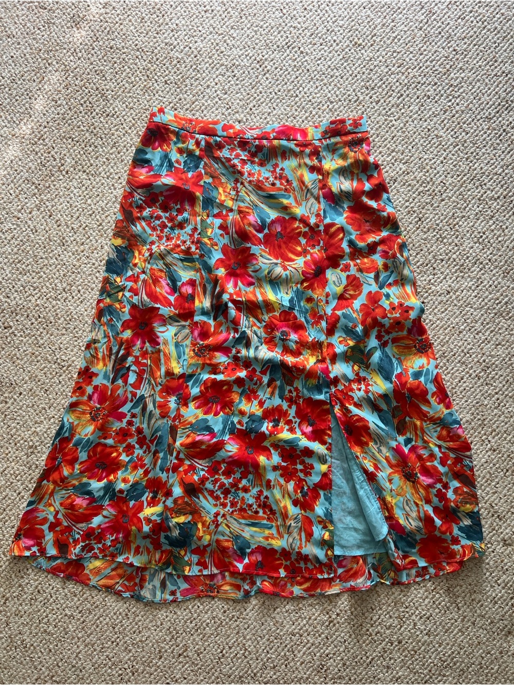 Philosophy Large Red & Teal Floral Maxi Skirt Slit Lined